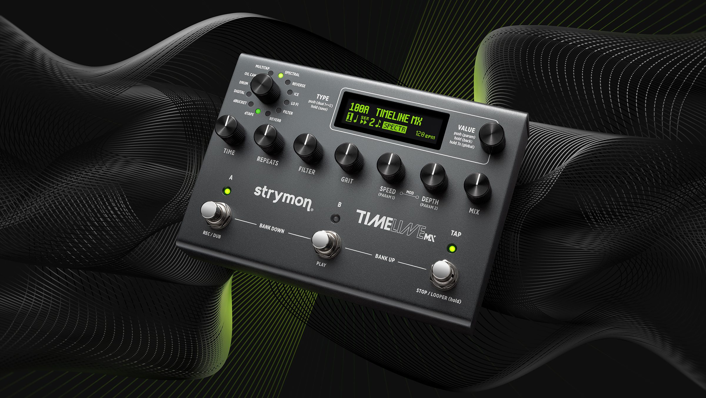 Strymon TimeLine MX against a sci-fi background.