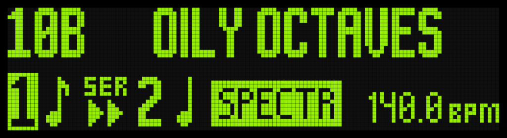 TimeLine MX Display Screen Showing "Oily Octaves" Preset.