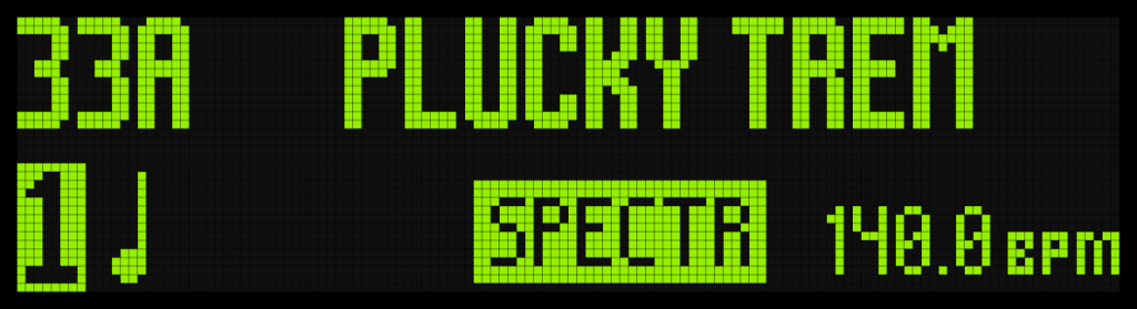 TimeLine MX Display Screen Showing "Plucky Trem" Preset.